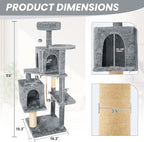 58in Large Cat Tree Tower for Indoor Cats with Soft Plush Hang Ball, Two Condos, Sisal Scratch Posts & Rope Play for Kittens/Adult Cats, Grey