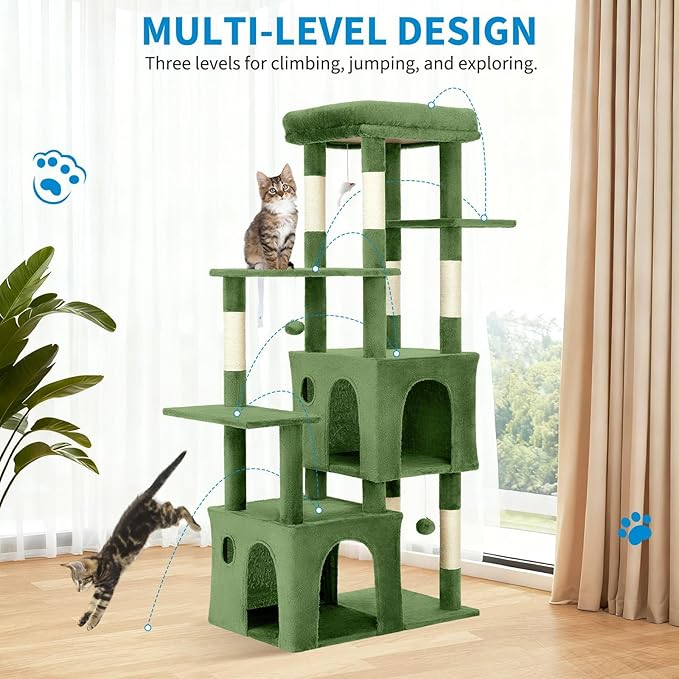 61" Large Cat Tree Tower for Indoor Cats, Heavy-Duty Multi-Level Cat Condo for Maine Coon & Big Cats with Extra-Large Perch, 2 Spacious Houses, Sisal Scratching Posts & Hanging Toys - Green
