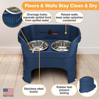 Neater Feeder Deluxe Mess-Proof Elevated Dog Bowls for Large Dogs (40+ lbs), 2 Height Adjustable (14.5” & 17.5”) No-Spill Raised Dog Bowl Stand, Stainless Steel Food Bowl Set, Made in USA, Dark Blue
