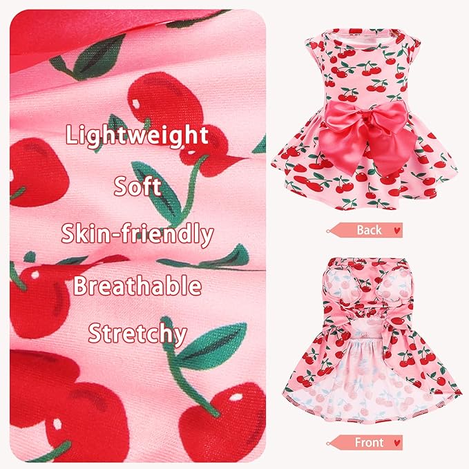 PUPTECK Print Dog Dress Pet Apparel with Cute Bowtie Puppy Clothes Outfit, Cherry, M