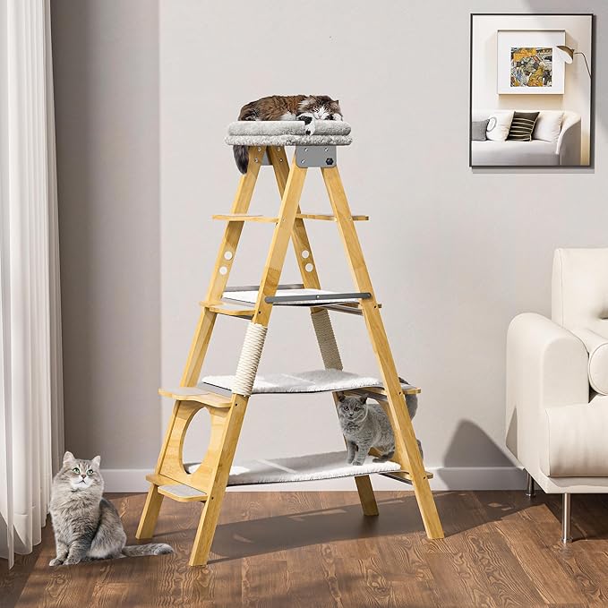 GDLF Modern Wood Cat Tree Foldable Ladder Design with Hammock & Sisal Scratch Post, Solid Wood Tall Tower for Large Cat Easy Clean 60" H
