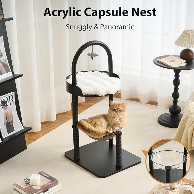 34" Modern Cat Tree Furniture, Minimalist Metal Frame Cat Tower with Wood Platforms, Washable Cushion & Scratching Post, Stylish Cat Condo for Indoor Cats, Classic Black