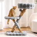HITTITE Natural Wood Cat Tree Tower with Scratching Post, 32 Inches Tall Modern Cat Tower with Cozy Bed and Platforms, Luxury Real Branch Cat Tree for Indoor Cats Large Adult, Grey.