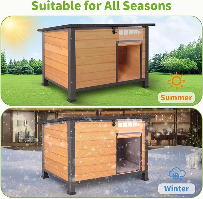 Insulated Dog House Outdoor Weatherproof, Wooden Heated Large Houses with Removable Liner for Winter, Upgrade Anti-Chewing Iron Frame Dog Shelter for Puppies, Cats
