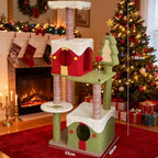22" Large Cat Tree for Indoor Cats, Christmas Cat Tower with 2 Cozy Houses, Modern Tall Cat Tree with Scratching Post, Platform, Small Ladder, and Toys, for Adult Cats Kittens(Green,Red)