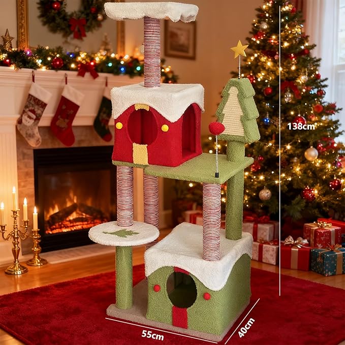 22" Large Cat Tree for Indoor Cats, Christmas Cat Tower with 2 Cozy Houses, Modern Tall Cat Tree with Scratching Post, Platform, Small Ladder, and Toys, for Adult Cats Kittens(Green,Red)