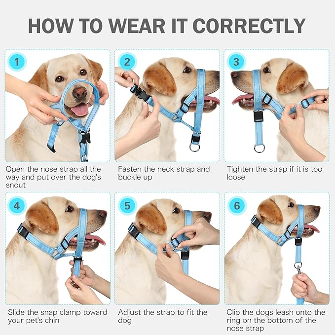 Weesiber No-Pull Dog Head Collar, Adjustable Dog Muzzle Leash Padded Head Halter Training Nose Leash, Easy Control for Walking (Blue,L)