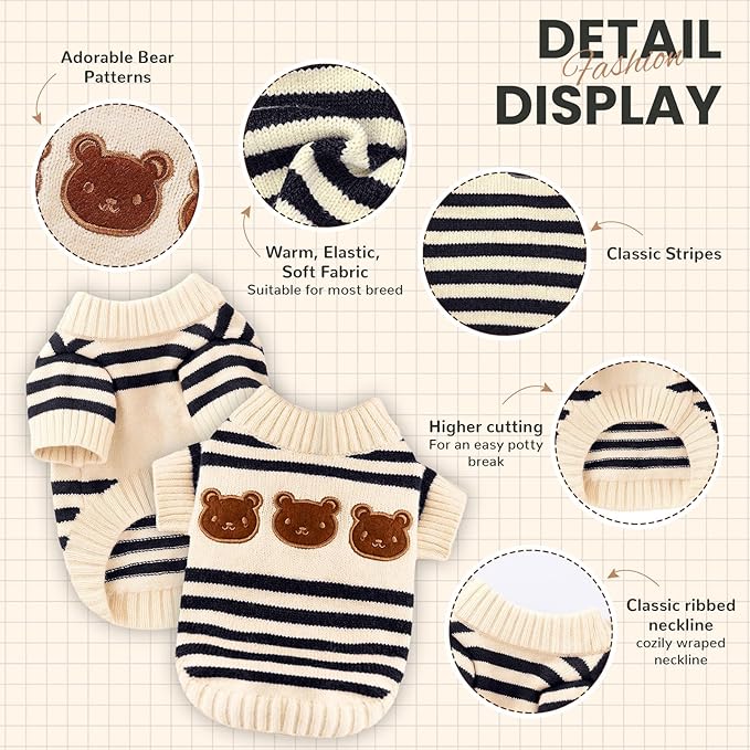 Dog Sweaters for Small Dogs with Cute Bear Pattern, Striped Soft Stretchable Warm Puppy Clothes for Small Dogs Cats, French Bulldog, Chihuahua for Winter