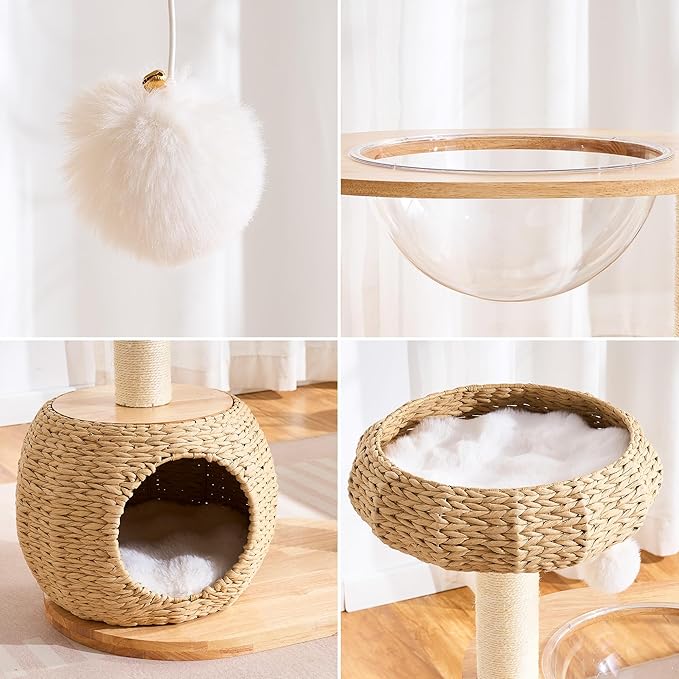 Modern Solid Wood Cat Tree Tower for Indoor Cats Large Adult, 38 inch Corner Cat Tree with Handmade Rattan Cat Bed, Luxury Aesthetic Cat Tree with Rattan Cave, Space Capsule, Groomer, Scratching Post