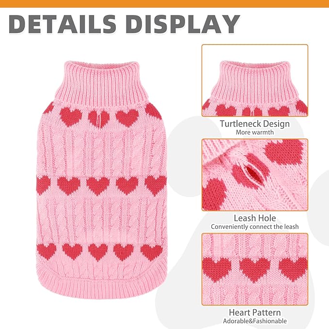 KOOLTAIL Valentine's Day Dog Sweater Turtleneck, Cold Weather Pullover Classic Knitwear, Heart Pattern Thick Warm Winter Pet Clothes, Cable Knit Sweater for Small Medium Large Dogs Girl Boy, Pink ML