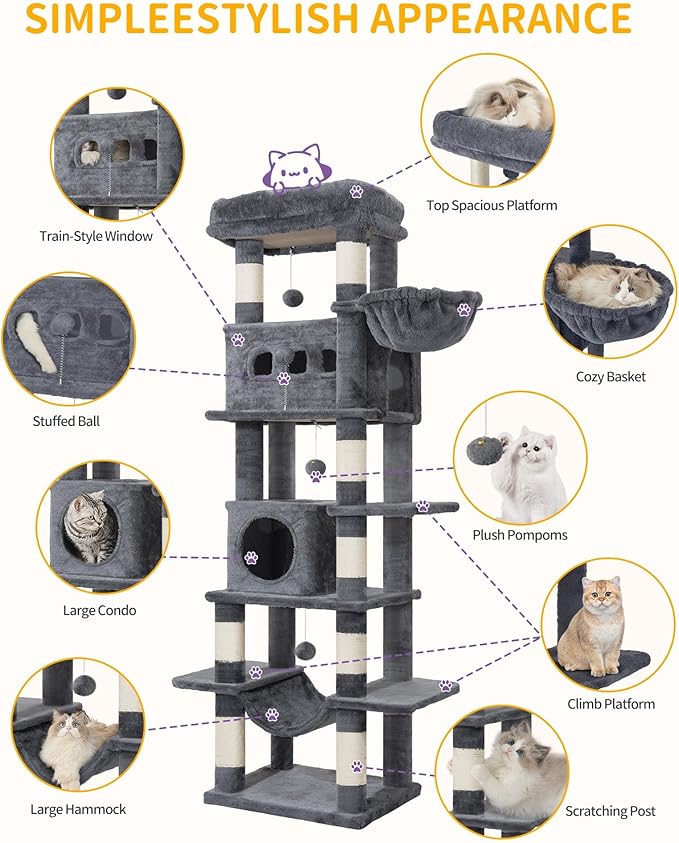 Cat Tree, 66.9" Large Cat Tower for Indoor Cats, Multi-Level Cat House with Condo, 8 Scratching Posts, Hammock, 4 Pom Poms, Dark Grey MS17018SG