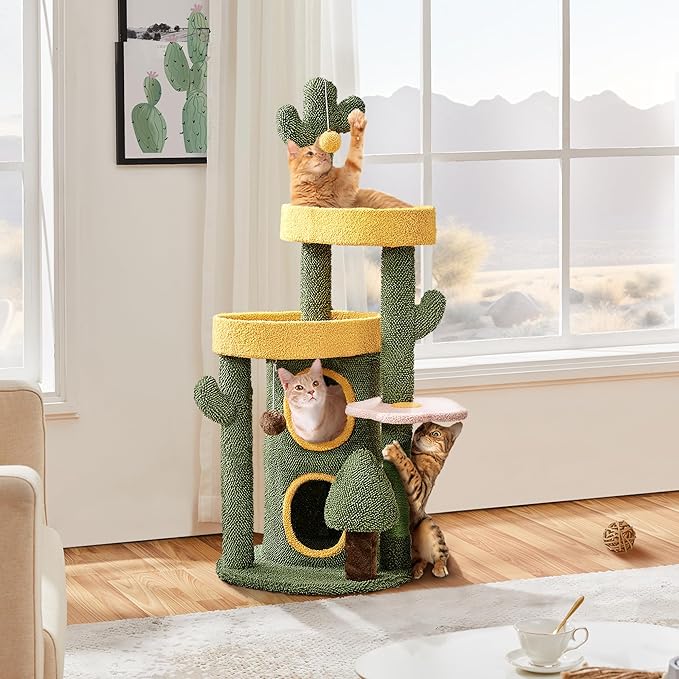 Yaheetech 48in Cactus Cat Tree with Flower-Themed Perches, Multi-Level Platforms, Condo, Scratching Posts & Dangling Balls