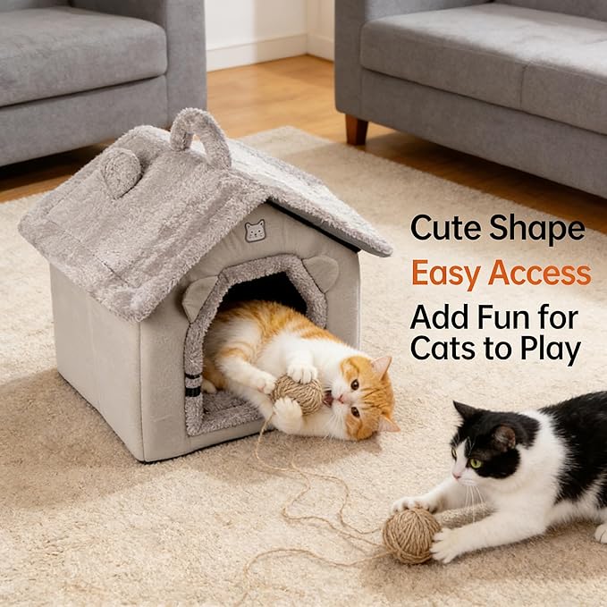 Lovely Cat Bed for Indoor Cats, Cartoon Pattern Cat Cave Bed with Handle Design, Soft Cat Hideaway Indoor Cat House for Kitten, Puppy & Small Pets (L)