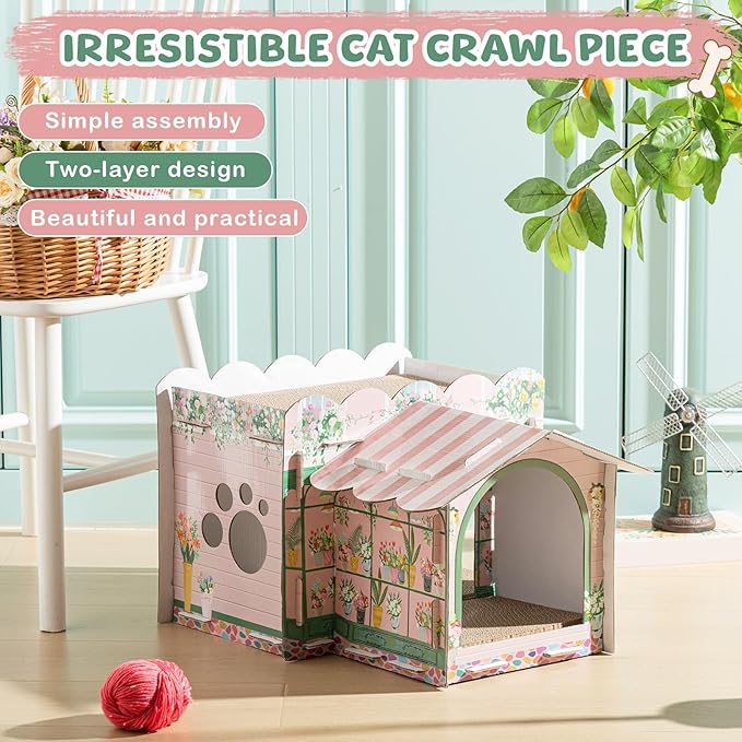 2 Story Cardboard Cat House with Scratcher Pad for Small Kitten,17x12x10 Multi Level Durable Cat Condo & Villa for Bunny Rabbit Small Animals Christmas Birthday Gift(17x12x10,Florist)