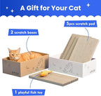 5-Pack Double-Sided Cat Scratchers with Box & Fish Toy - Reversible Cat Scratch Pad for Indoor Cats, Durable Corrugated Cardboard Cat Scratcher for Cats to Rest and Play, Furniture Protector
