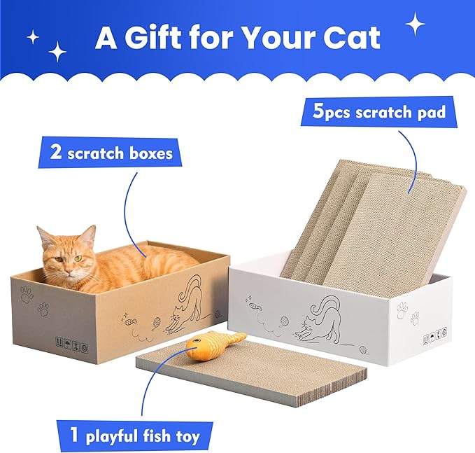 5-Pack Double-Sided Cat Scratchers with Box & Fish Toy - Reversible Cat Scratch Pad for Indoor Cats, Durable Corrugated Cardboard Cat Scratcher for Cats to Rest and Play, Furniture Protector