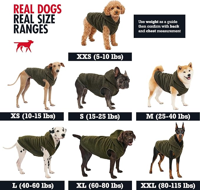 Tuff Pupper Fleece Dog Hoodie Sweater | Teddy Sherpa Outer & Soft Polar Fleece Lining | Adjustable Fit Winter Coat with Hood, Leash Hole, Ribbed Cuffs | for Small Medium Large XL XXL Dogs (Olive, M)