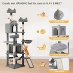 DWVO 75 in Multi-Level Cat Tower: Tall Cats Tree for Indoor Kittens, Pet Furniture with Kitty Condos, Top Perches, Sisal Ramp Scratching Posts, Cozy Basket, Hammocks, Light Gray
