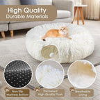 Cat Tunnel Bed for Indoor Cats, Peekaboo Cat Cave with Washable Soft Play Mat, Furry Cat Tube, for Kitten/Puppy/Rabbit, Beige
