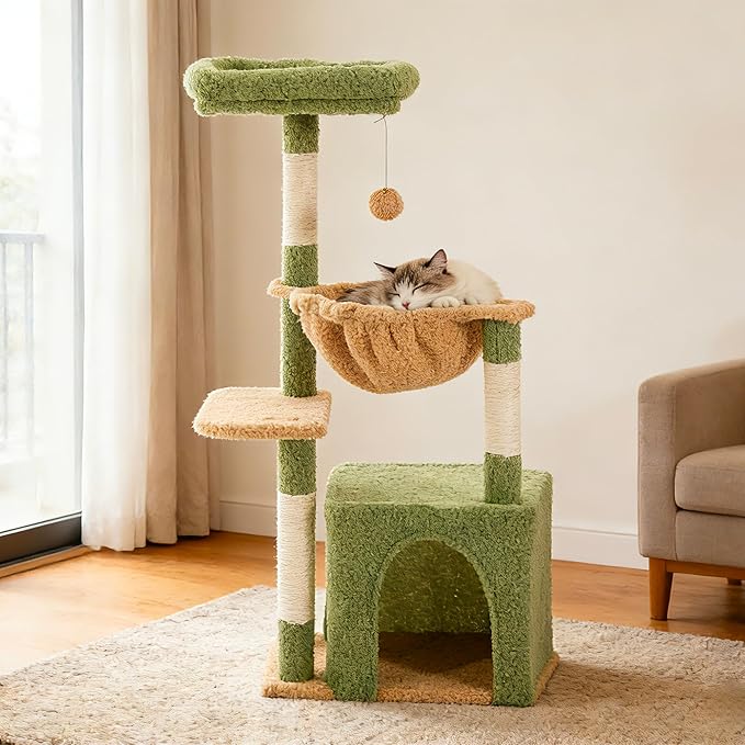 Cat Tree for Indoor Cats, 39.8-inch Cat Tower with 2 Plush Perches for Play & Rest, 1 Cozy Hideaway, Dangling Toy & Full Sisal Scratching Posts for Indoor Cats, Green