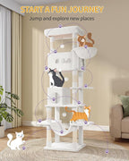 Cat Tree, 82.6" Large Cat Tower for Indoor Cats, Multi-Level Cat House with Condo, 8 Scratching Posts, Hammock, 4 Pom Poms, White MS21018WT