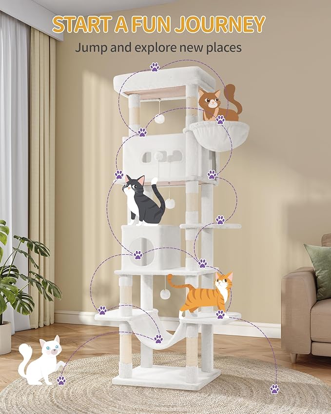 Cat Tree, 82.6" Large Cat Tower for Indoor Cats, Multi-Level Cat House with Condo, 8 Scratching Posts, Hammock, 4 Pom Poms, White MS21018WT