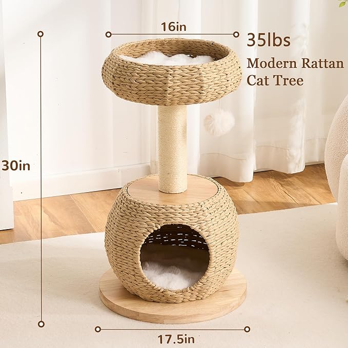 Modern Solid Wood Cat Tree Tower for Indoor Cats Large Adult, 30 inch Corner Small Cat Tree with Handmade Rattan Cat Bed, Luxury Aesthetic Cat Tree with Rattan Cave, Scratching Post