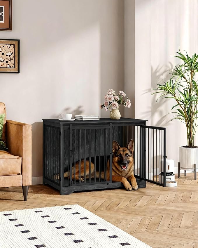 43.3" Dog Crate Furniture with Barn Door, Heavy Duty Dog Kennel Indoor with 2 Doors, Wooden Pet Cage End Table for Large Small Medium Dogs, Anti-Chew Anti-Escape, Black DFC92304B