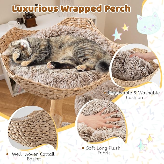 PETSITE 41.5 Inch Wood Cat Tree, Multi-Level Real Pear Wood Modern Cat Tower with Jute Scratching Posts, Dangling Ball, Cozy Top Cattail Perch, 2 Jumping Platforms, Cat Condo, Soft Long Plush Covered