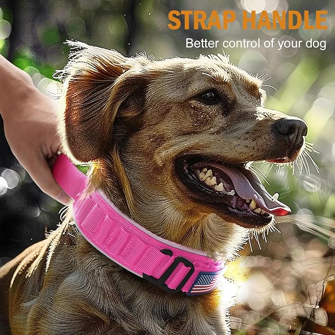 HYDEME Tactical Dog Collar, Alpine Loop Adjustable Military Training Nylon Dog Collars with Handle and Reflective for Small Medium Large Dogs, with Airtags Protective Case & Patches.(XL,Pink)