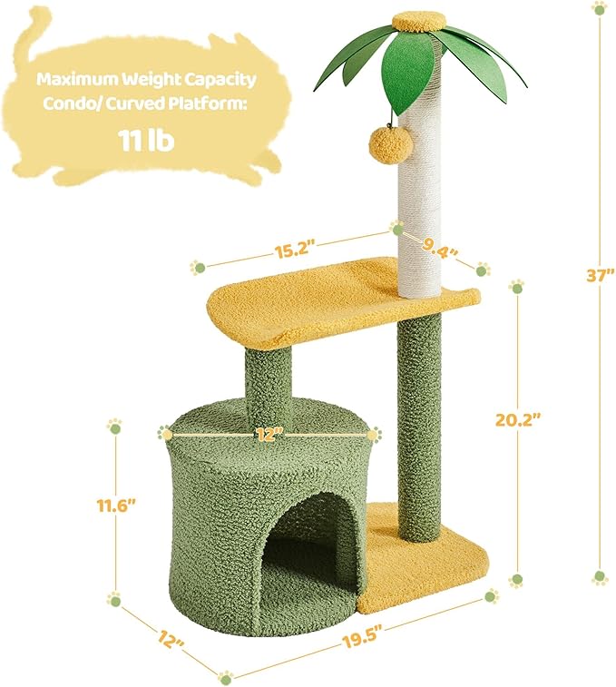 Yaheetech Cat Tree for Indoor Cats, 37in Coconut Palm Cat Tree with Green Leaves, Cat Scratching Post Cat Tower with Large Condo, Play House Activity Center with Bending Perch, Green/Yellow