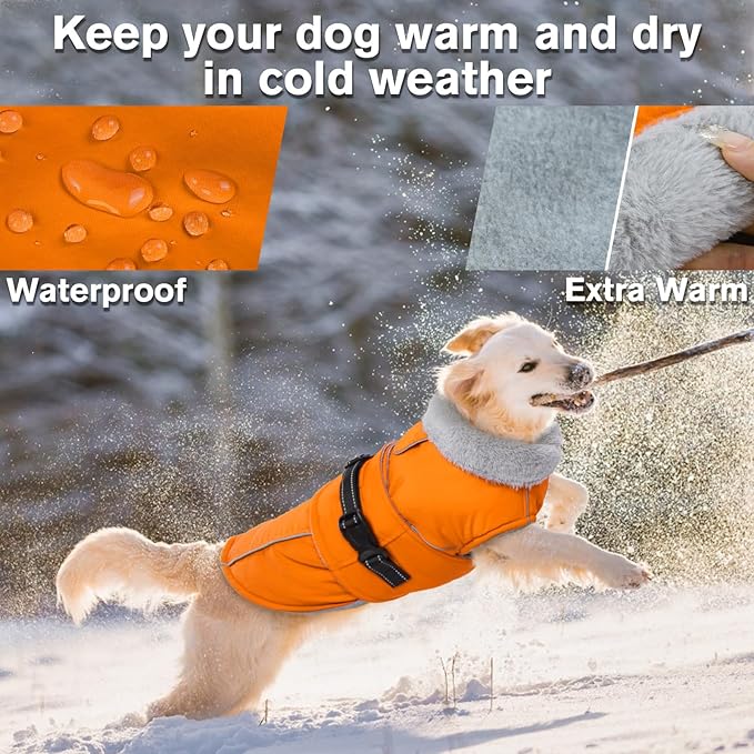 Lelepet Dog Coat Waterproof Dog Jacket Reflective Fleece Vest with Adjustable Buckle & Leash Hole Windproof Cold Weather Coats for Small Medium Large Dogs, Warm Hunting Vest, Orange, XXL