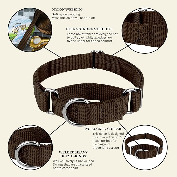 Country Brook Petz - Martingale Dog Collar - Heavy-Duty Training Collar with No Buckle - Service Dog Collar for All Pups - 10+ Warm Colors (Brown, 3/8 Inch, 3XS)