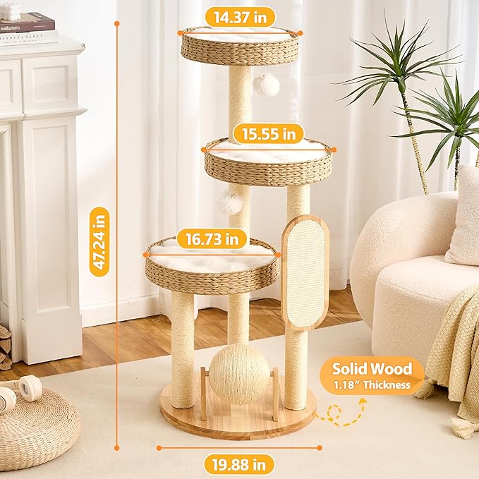 HITTITE Modern Cat Tree Tower with Scratching Post, 47 Inches Tall Cat Towers with Scratching Ball & Pad, Multi-Level Cat Tree with Rattan Bed and Removable Cushions for Indoor Cats Large Adult.
