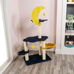 CTR1003A Aurora 49" 3-Tier Modern Sisal Moon and Stars Cat Tree with Scratching Posts, Basket, and Fuzzy Bell Toys, Navy/Yellow/White