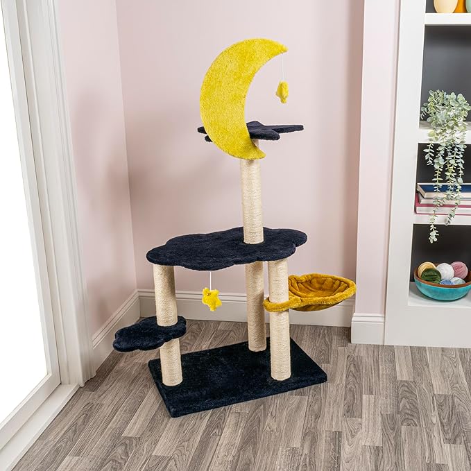 CTR1003A Aurora 49" 3-Tier Modern Sisal Moon and Stars Cat Tree with Scratching Posts, Basket, and Fuzzy Bell Toys, Navy/Yellow/White