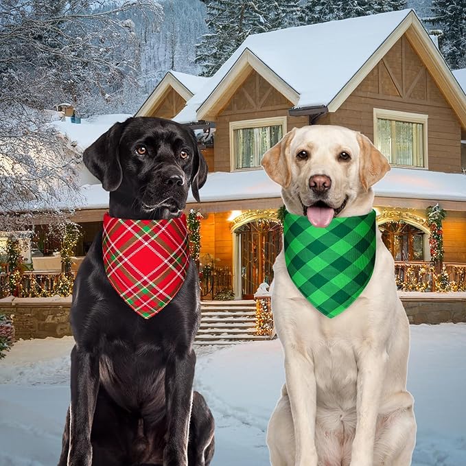 Christmas Dog Bandanas XLarge 2PCS, 4 Pattern Holiday Plaid Scarf for Boy and Girl, Triangle Reversible Bibs Breed for Puppy Pets