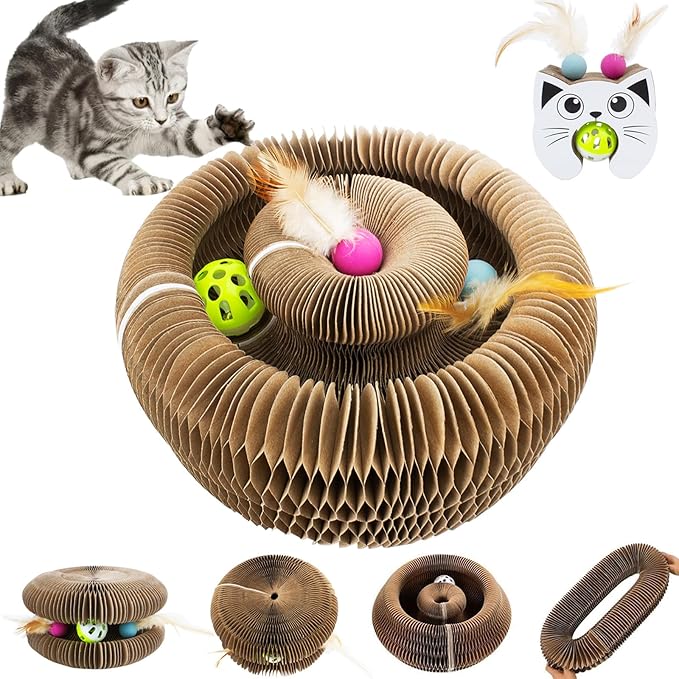 Upgraded-Magnetic Magic Organ Cardboard Cat Scratcher Board Toy, New Feather Balls Cardboard Scratching Pad for Mental Physical Exercise, Interactive Toys for Indoor Cats, Kitty