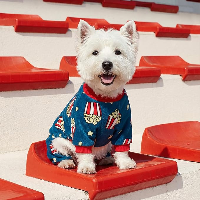 Fitwarm Popcorn Dog Pajamas, Funny Dog Clothes for Small Dogs Boy Girl, Fleece Pet Onesie with Feet, Blue, Red, White, Yellow, Large