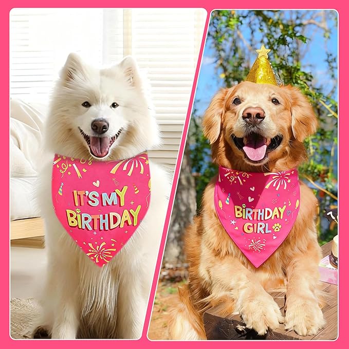 SZEE Dog Birthday Bandana, Reversible Bandanas for Dog Birthday Outfits, Pet Apparel & Accessories, Triangle Pet Scarf for Photo Prop and Holiday Decor (X-Large, Pink)