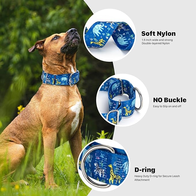 Wide 1.5 Inch Martingale Dog Collar - No Pull & Escape Proof Training Collar for Large Dogs, Adjustable Thick Slip Collar（Elephant L）