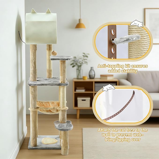Cat Tree Tower, 56.3-Inch Multi-Level Cat Tree for Indoor Cats with Scratching Posts, Condos, Plush Perches, Hanging Cat Toy, Cute Cat Tree for Kittens & Adult Cats, Brown