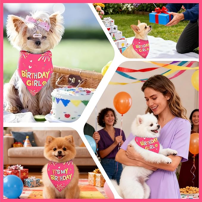 SZEE Dog Birthday Bandana, Reversible Bandanas for Dog Birthday Outfits, Pet Apparel & Accessories, Triangle Pet Scarf for Photo Prop and Holiday Decor (Small, Pink)