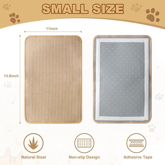 Cat Scratching Mat Sisal, Sisal Fabric Large Pet Scratching Pad for Indoor Cats with Adhesive Hook Loop Tape, Cat Scratching Rug Wall Scratchers (2pcs(11x13.8in))