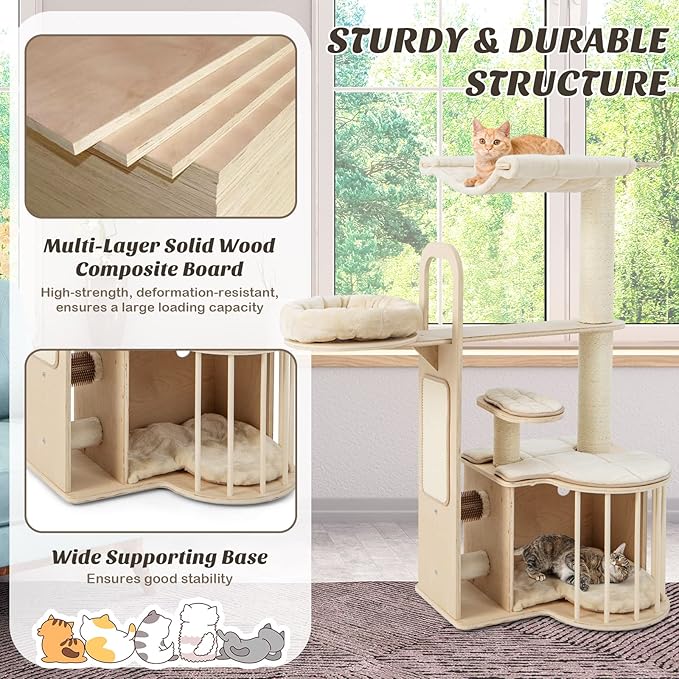 PETSITE 55" Tall Cat Tree, Multi-Layer Wooden Cat Tower with Hammock, Condo, Plush Perch, Self Groomer, Scratching Posts, Cat Climbing Stand Activity Center Furniture for Kitten & Adult Cats