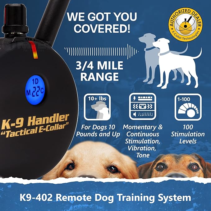 Educator K9-402 Two Dogs K9 Handler Professional E-Collar Training Collar with Remote - Up to 3/4 Mile Range, Waterproof, Rechargeable, 100 Stimulation Levels, Vibration, Tone, 33-Inch Bungee Collar