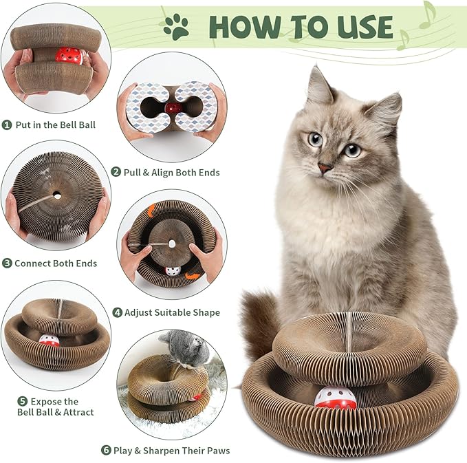 Organlada Cat Scratcher Cardboard with Bell-Ball, Foldable Slinky Cat Scratch Pad, A Magic Organ Cat Butler Toy for Cat Scratching, 1pcs