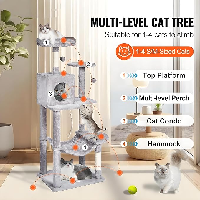 Multi-Level Cat Tree Tower with Sisal Scratching Posts, Plush Condo & Toys - Durable Cat Activity Center for Indoor Cats (Light Grey, 68.5)