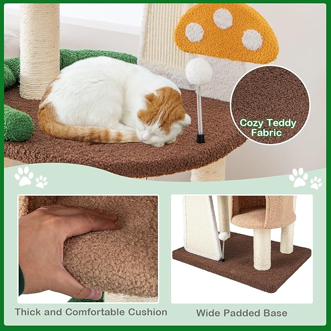 Mushroom Cat Tree, Multi-Layer Cat Tower with 2 Condos & Platforms, Cat Activity Center with Full-Wrapped Sisal Posts, Sisal Scratching Boards & Interactive Balls for Indoors (57.5")