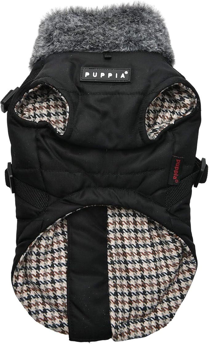 Puppia Donavan Winter Dog Coat with Integrated Harness No Pull Cold Weather Waterproof Warm Fleece Back Zipper for Small & Medium Dog, Black, XX-Large